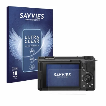 Vorderseite einer Produktverpackung mit dem Markenlogo Savvies. Daneben ist das Gerät Sony Alpha ZV-E10 II mit dem zugehörigen