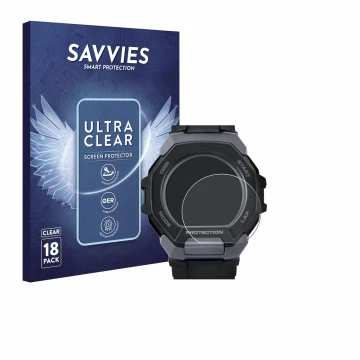 Vorderseite einer Produktverpackung mit dem Markenlogo Savvies. Daneben ist das Gerät Casio G-Shock G-Squad GBD-300 mit dem zu