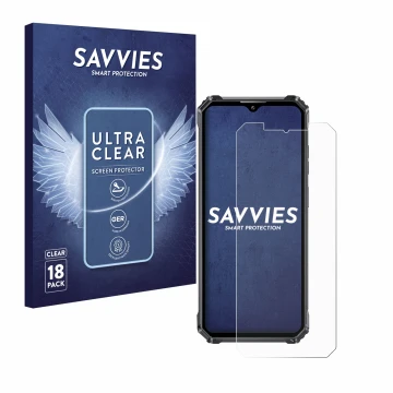 Vorderseite einer Produktverpackung mit dem Markenlogo Savvies. Daneben ist das Gerät Oukitel WP28E mit dem zugehörigen Displa