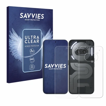 Vorderseite einer Produktverpackung mit dem Markenlogo Savvies. Daneben ist das Gerät Nothing Phone (2a) Plus (Display+Rücksei