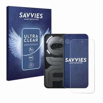 Vorderseite einer Produktverpackung mit dem Markenlogo Savvies. Daneben ist das Gerät Nothing Phone (2a) Plus (Display+Kamera)