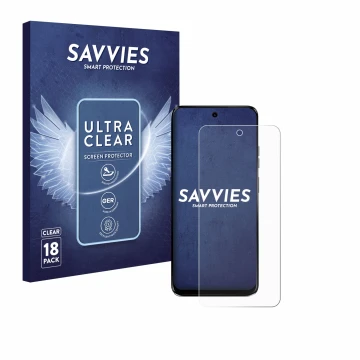 Vorderseite einer Produktverpackung mit dem Markenlogo Savvies. Daneben ist das Gerät Motorola G34 5G mit dem zugehörigen Disp