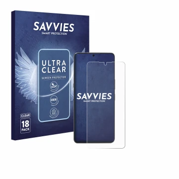 Vorderseite einer Produktverpackung mit dem Markenlogo Savvies. Daneben ist das Gerät Cubot Max 5 mit dem zugehörigen Displays