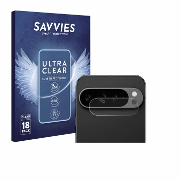 Vorderseite einer Produktverpackung mit dem Markenlogo Savvies. Daneben ist das Gerät Google Pixel 9 Pro XL (NUR Kameraschutz)