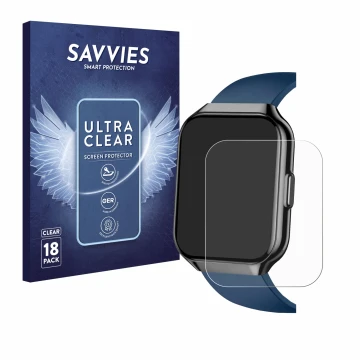 Vorderseite einer Produktverpackung mit dem Markenlogo Savvies. Daneben ist das Gerät QCOQ P98 1.96