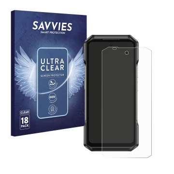 Vorderseite einer Produktverpackung mit dem Markenlogo Savvies. Daneben ist das Gerät Ulefone Armor 27T Pro mit dem zugehörige