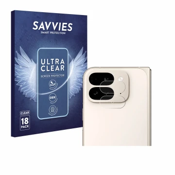 Vorderseite einer Produktverpackung mit dem Markenlogo Savvies. Daneben ist das Gerät Google Pixel 9 Pro Fold (NUR Kameraschut