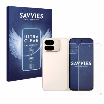 Vorderseite einer Produktverpackung mit dem Markenlogo Savvies. Daneben ist das Gerät Google Pixel 9 Pro Fold (Display+Kamera)