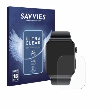 Vorderseite einer Produktverpackung mit dem Markenlogo Savvies. Daneben ist das Gerät andoer Smartwatch 1.85