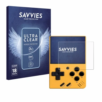 Vorderseite einer Produktverpackung mit dem Markenlogo Savvies. Daneben ist das Gerät Miyoo Mini V4 mit dem zugehörigen Displa