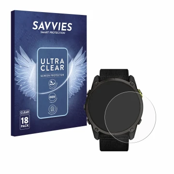 Vorderseite einer Produktverpackung mit dem Markenlogo Savvies. Daneben ist das Gerät Garmin Enduro 3 mit dem zugehörigen Disp