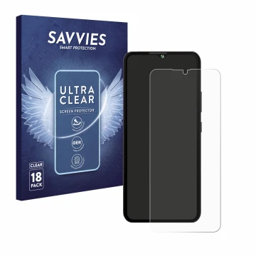 Vorderseite einer Produktverpackung mit dem Markenlogo Savvies. Daneben ist das Gerät Cubot A10 mit dem zugehörigen Displaysch