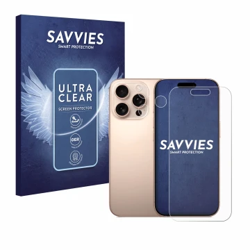 Vorderseite einer Produktverpackung mit dem Markenlogo Savvies. Daneben ist das Gerät Apple iPhone 16 Pro (Display+Kamera) mit