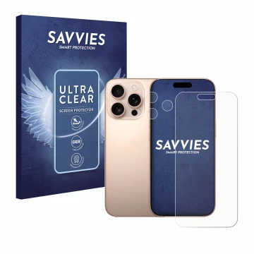 Vorderseite einer Produktverpackung mit dem Markenlogo Savvies. Daneben ist das Gerät Apple iPhone 16 Pro Max (Display+Kamera)