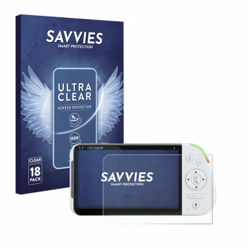 Vorderseite einer Produktverpackung mit dem Markenlogo Savvies. Daneben ist das Gerät Babysense MaxView-2CAM 5,5