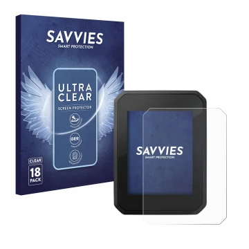 Vorderseite einer Produktverpackung mit dem Markenlogo Savvies. Daneben ist das Gerät FIT Display Compact 2.0 mit dem zugehöri