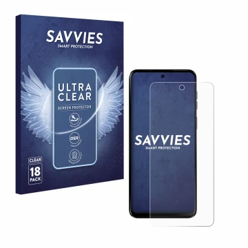 Vorderseite einer Produktverpackung mit dem Markenlogo Savvies. Daneben ist das Gerät Motorola Moto G55 mit dem zugehörigen Di