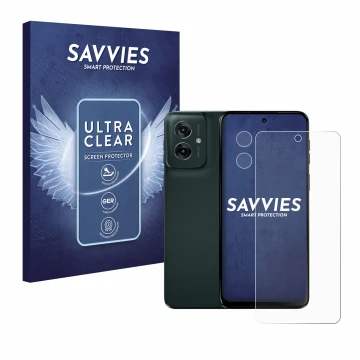 Vorderseite einer Produktverpackung mit dem Markenlogo Savvies. Daneben ist das Gerät Motorola Moto G55 (Display+Kamera) mit d