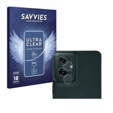 Vorderseite einer Produktverpackung mit dem Markenlogo Savvies. Daneben ist das Gerät Motorola Moto G55 (NUR Kameraschutz) mit