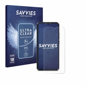 Vorderseite einer Produktverpackung mit dem Markenlogo Savvies. Daneben ist das Gerät Oukitel WP50 mit dem zugehörigen Display