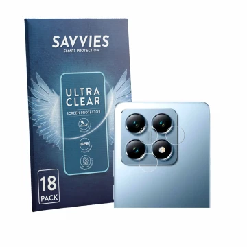 Vorderseite einer Produktverpackung mit dem Markenlogo Savvies. Daneben ist das Gerät Xiaomi 14T Pro (NUR Kameraschutz) mit de
