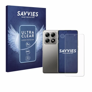 Vorderseite einer Produktverpackung mit dem Markenlogo Savvies. Daneben ist das Gerät Xiaomi 14T Pro (Display+Kamera) mit dem 