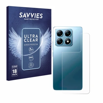 Vorderseite einer Produktverpackung mit dem Markenlogo Savvies. Daneben ist das Gerät Xiaomi 14T Pro (Rückseite) mit dem zugeh