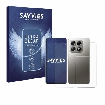 Vorderseite einer Produktverpackung mit dem Markenlogo Savvies. Daneben ist das Gerät Xiaomi 14T Pro (Display+Rückseite) mit d