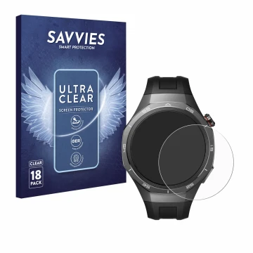Vorderseite einer Produktverpackung mit dem Markenlogo Savvies. Daneben ist das Gerät Huawei Watch GT 5 Pro (46 mm) mit dem zu