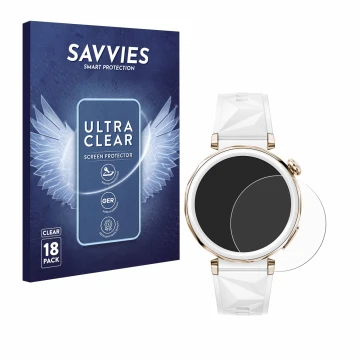 Vorderseite einer Produktverpackung mit dem Markenlogo Savvies. Daneben ist das Gerät Huawei Watch GT 5 Pro (42 mm) mit dem zu