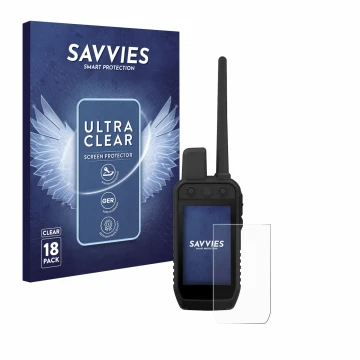 Vorderseite einer Produktverpackung mit dem Markenlogo Savvies. Daneben ist das Gerät Garmin Alpha 300 K mit dem zugehörigen D