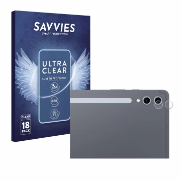 Vorderseite einer Produktverpackung mit dem Markenlogo Savvies. Daneben ist das Gerät Samsung Galaxy Tab S10 Plus WiFi (NUR Ka