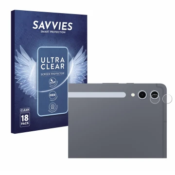 Vorderseite einer Produktverpackung mit dem Markenlogo Savvies. Daneben ist das Gerät Samsung Galaxy Tab S10 Plus 5G (NUR Kame
