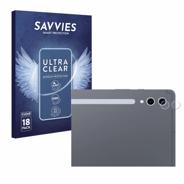 Vorderseite einer Produktverpackung mit dem Markenlogo Savvies. Daneben ist das Gerät Samsung Galaxy Tab S10 Ultra 5G (NUR Kam
