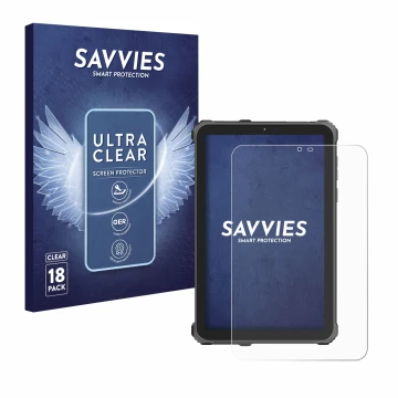 Vorderseite einer Produktverpackung mit dem Markenlogo Savvies. Daneben ist das Gerät Oukitel RT3 Pro mit dem zugehörigen Disp