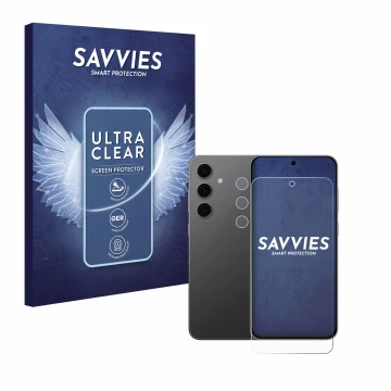 Vorderseite einer Produktverpackung mit dem Markenlogo Savvies. Daneben ist das Gerät Samsung Galaxy S24 FE (Display+Kamera) m
