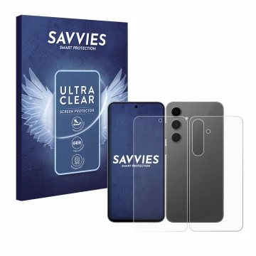 Vorderseite einer Produktverpackung mit dem Markenlogo Savvies. Daneben ist das Gerät Samsung Galaxy S24 FE (Display+Rückseite