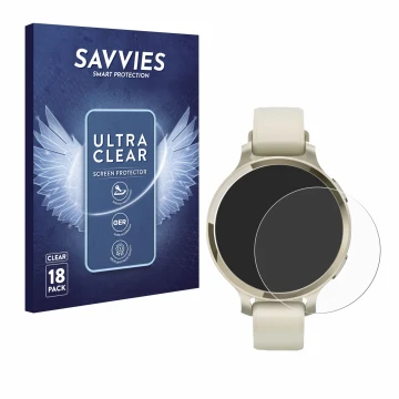 Vorderseite einer Produktverpackung mit dem Markenlogo Savvies. Daneben ist das Gerät Garmin Lily 2 Active mit dem zugehörigen