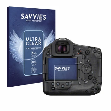 Vorderseite einer Produktverpackung mit dem Markenlogo Savvies. Daneben ist das Gerät Canon EOS R1 mit dem zugehörigen Display
