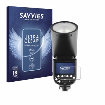 Vorderseite einer Produktverpackung mit dem Markenlogo Savvies. Daneben ist das Gerät Godox TT685 II mit dem zugehörigen Displ