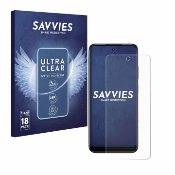 Vorderseite einer Produktverpackung mit dem Markenlogo Savvies. Daneben ist das Gerät Infinix Hot 30 Play NFC mit dem zugehöri