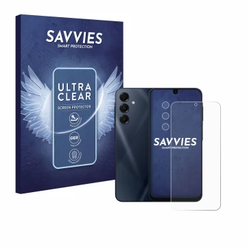 Vorderseite einer Produktverpackung mit dem Markenlogo Savvies. Daneben ist das Gerät Samsung Galaxy A16 5G (Display+Kamera) m
