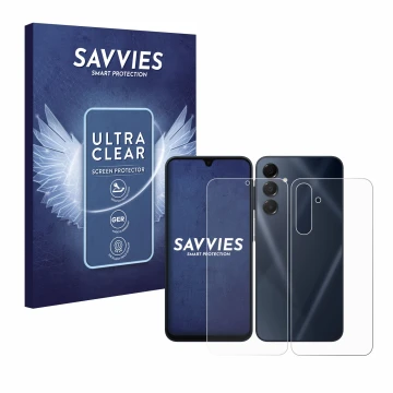 Vorderseite einer Produktverpackung mit dem Markenlogo Savvies. Daneben ist das Gerät Samsung Galaxy A16 5G (Display+Rückseite