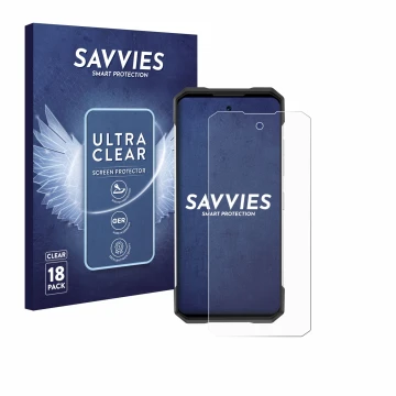 Vorderseite einer Produktverpackung mit dem Markenlogo Savvies. Daneben ist das Gerät Doogee S200 mit dem zugehörigen Displays