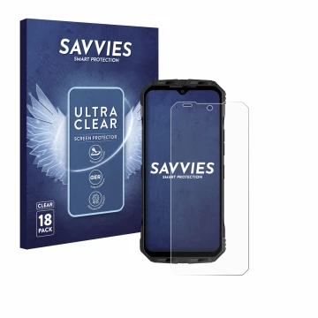 Vorderseite einer Produktverpackung mit dem Markenlogo Savvies. Daneben ist das Gerät Doogee V Max Plus mit dem zugehörigen Di