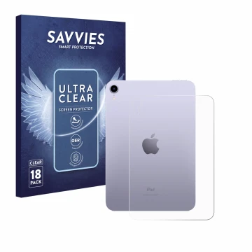Vorderseite einer Produktverpackung mit dem Markenlogo Savvies. Daneben ist das Gerät Apple iPad Mini 7 WiFi 2024 (Rückseite) 