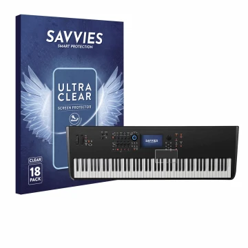 Vorderseite einer Produktverpackung mit dem Markenlogo Savvies. Daneben ist das Gerät Yamaha MODX8+ mit dem zugehörigen Displa