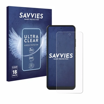 Vorderseite einer Produktverpackung mit dem Markenlogo Savvies. Daneben ist das Gerät Hotwav Note 12 mit dem zugehörigen Displ