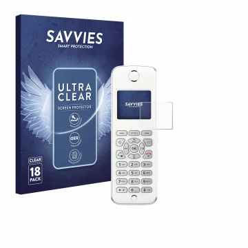Vorderseite einer Produktverpackung mit dem Markenlogo Savvies. Daneben ist das Gerät AVM Fritz!Fon M2 mit dem zugehörigen Dis