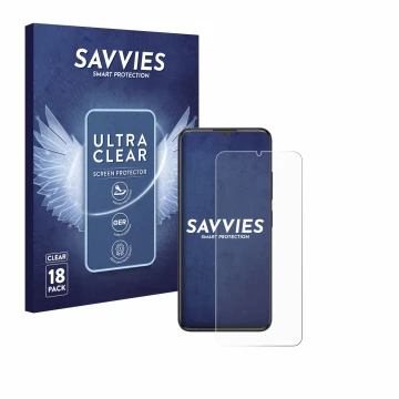 Vorderseite einer Produktverpackung mit dem Markenlogo Savvies. Daneben ist das Gerät ZTE Blade A34 mit dem zugehörigen Displa